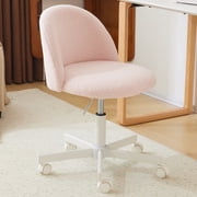 Ktaxon Armless Home Office Desk Chair Cute Mid Back Vanity Stool Teddy Velvet Swivel Task Chairs with Wheels Pink