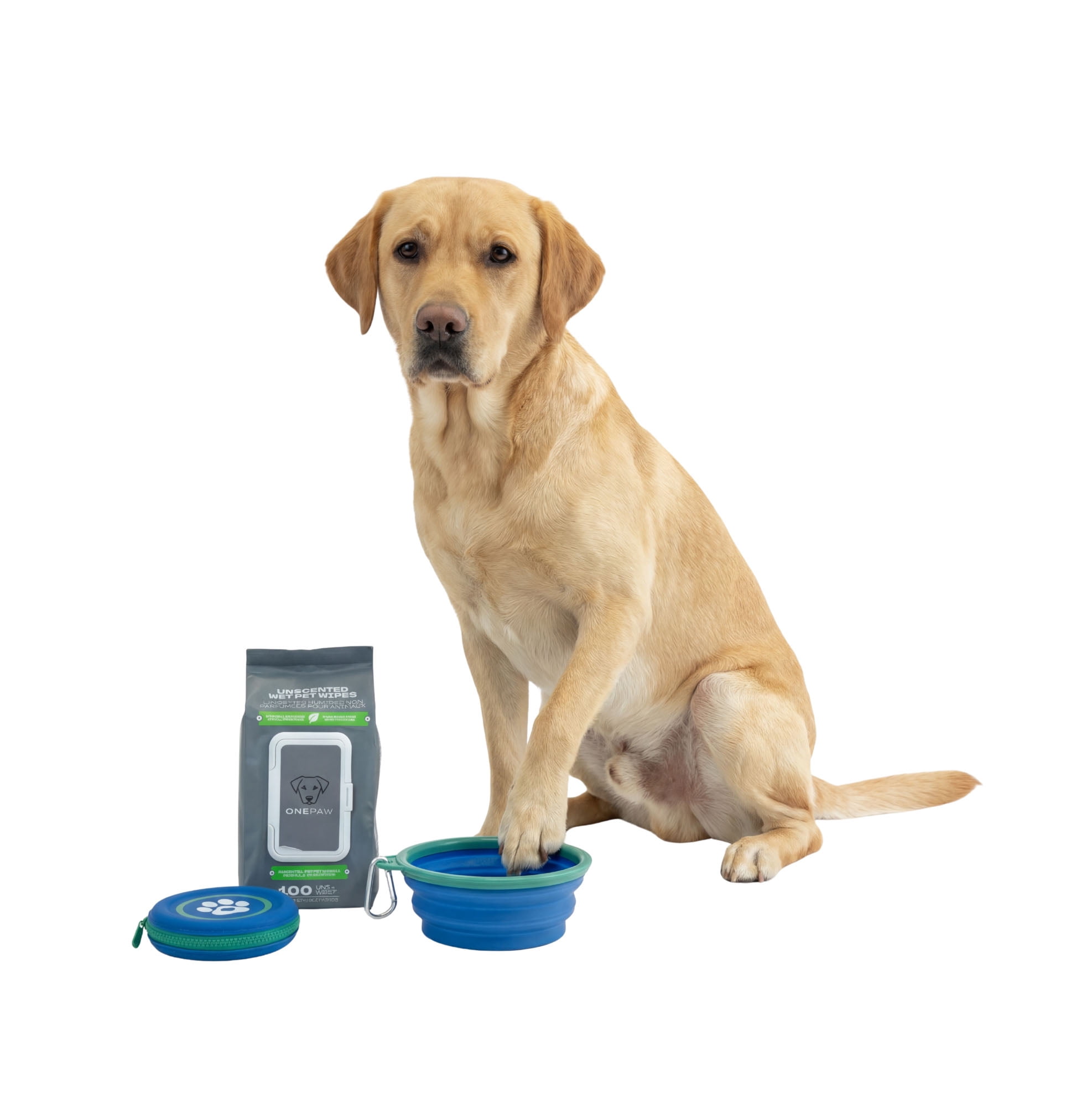 One Paw , Ensemble Essentiel de Promenade pour Chien 3 Pcs avec Lingettes, Bol Pliable en Caoutchouc et Porte-Gâteries pour Chiens
