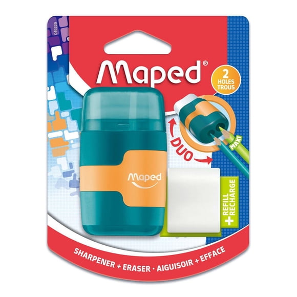 Maped - Connect 2 in 1 Sharpener 2 Holes with metal blades / Eraser with One eraser Refill - Manual sharpener with an integrated Eraser that comes with a Refill.