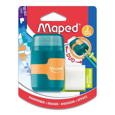 Maped - Connect 2 in 1 Sharpener 2 Holes with metal blades / Eraser with One eraser Refill - Manual sharpener with an integrated Eraser that comes with a Refill.