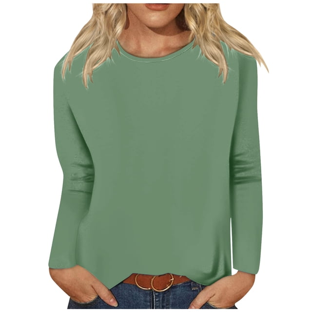 Timegard Womens Tops Long Sleeve Round Neck Solid Color Basic Tee Fall Casual Comfy Loose Tops Blouse