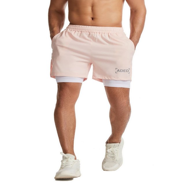 Men Double Layer Sport Shorts Quick Dry Gym Athletic Workout Shorts with Pockets