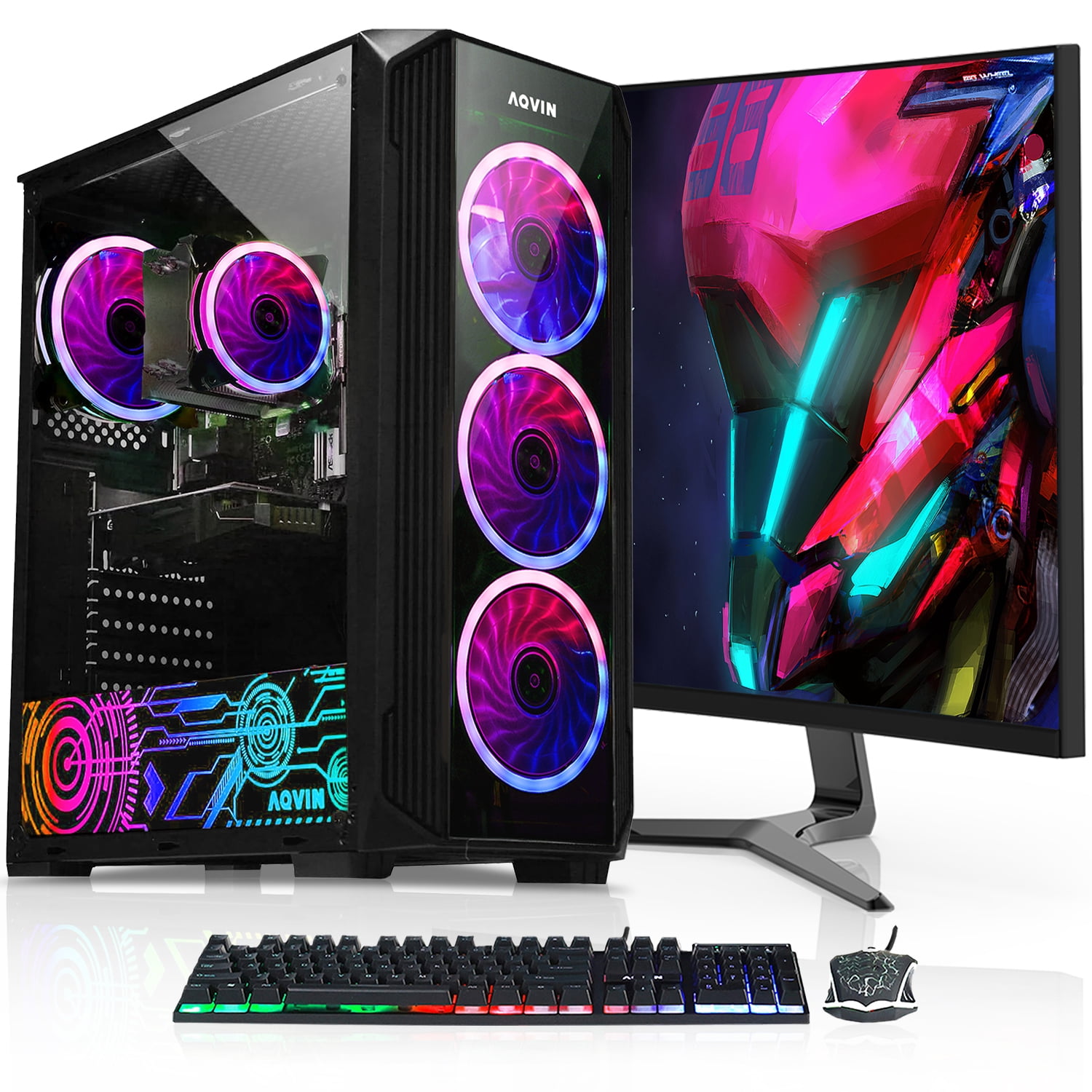 AQVIN ZForce Desktop Gaming PC Computer Tower (Intel Hexa-Core i7, 32GB DDR4 RAM, 2TB SSD Storage, AMD Graphics RX 580 8GB, 27 Inch Curved Gaming Monitor) Windows 10 Pro RGB Keyboard & Mouse