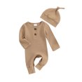 thumbnail image 1 of EYIIYE Infant Baby Girls Boys Basic Romper 0-6M Newborn Long Sleeve Bodysuit Crew Neck Overalls Solid Color Ribbed Button Jumpsuit with Hat Spring Autumn, 1 of 9