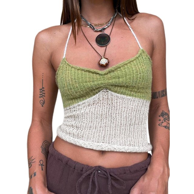 Gupgi Women Halter Crochet Tops, Sleeveless Knit Tank Tops Contrast Color Slim Fit Ruched Vest
