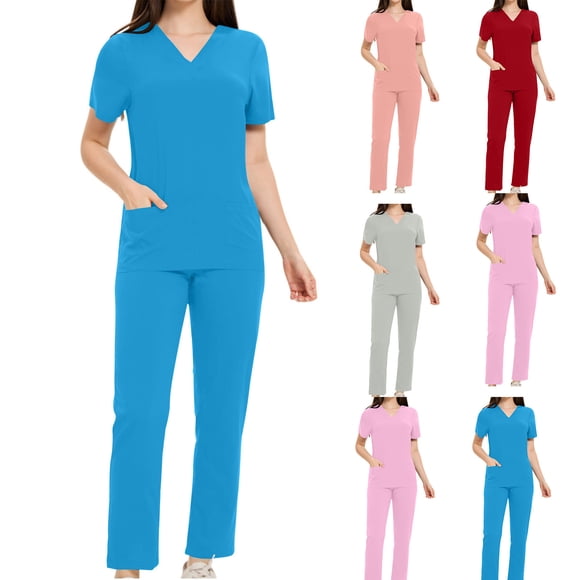 Clearance Horkkom Nurse Uniforms Women Set Solid Color Comfy Scrub Sets Short Sleeve V Neck Tops with Pockets Elastic Waist Long Pants Nursing Scrubs Sets Orange M