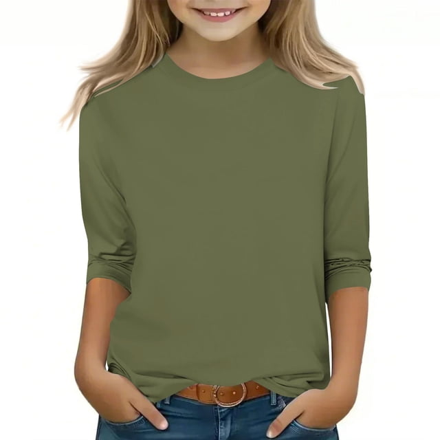 2025 Chemises à Manches 3/4 pour Filles Mode Couleur Unie Col Rond Hauts Chemises Décontractées Vert Olive