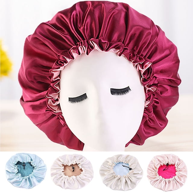 Neinkie Satin Bonnet Sleep Cap Double Layer Reversible Adjustable Bonnet Cap for Night Sleeping Satin Sleep Cap