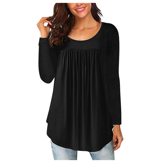 Pompotops Blouse Tunique Basique Confortable à Manches Longues et Col Rond pour Femmes, Couleur Unie, Décontractée