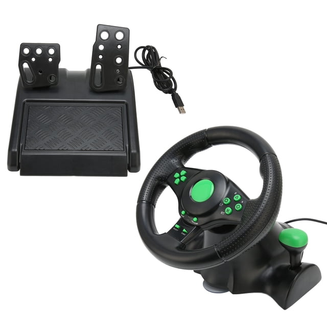 Race Steering Wheel for PC, PS3, and gaming consoles, designed for simulation racing with 180-degree rotation. Made of black ABS material with green accents, it includes pedals with strong suction cups for enhanced stability and a USB connection for plug-and-play functionality.