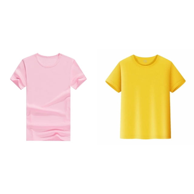 Lot de 2 (Jaune 1 Pce et Rose 1 Pce) Multipack Haut T-Shirts Manches Courtes Haut Uni T-Shirts Haut Garçon et Fille Unisexe Enfants T-Shirt à Col Rond