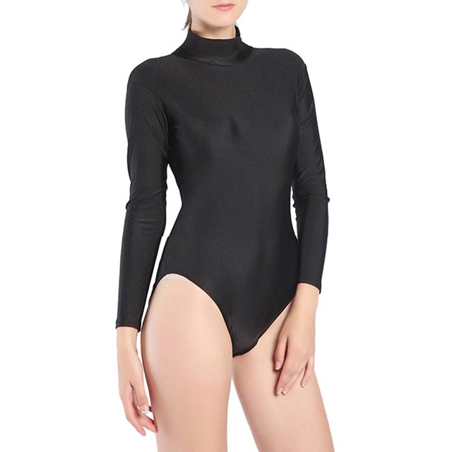 Justaucorps à Col Roulé à Manches Longues pour Femme, une Pièce, sous-Vêtement - Noir, TG