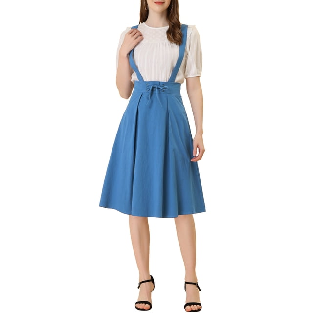 Unique Bargains Jupe Midi Plissée à Bretelles Rétro à Taille Élastique pour Femme Bleu Lac TG