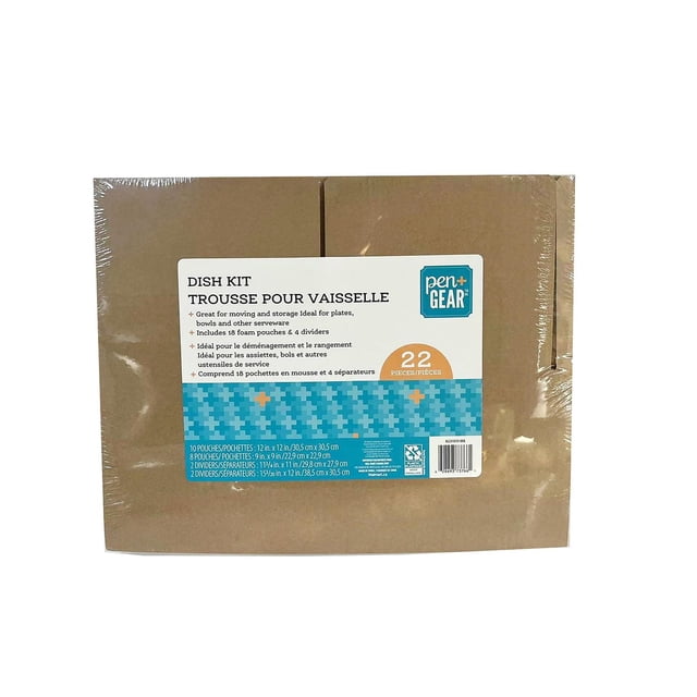 Pen+Gear Dish Kit with 22 pieces including 18 foam pouches and 4 cardboard dividers designed for moving and storage protection of plates, bowls, and serveware, packaged in sealed brown box with bilingual label.
