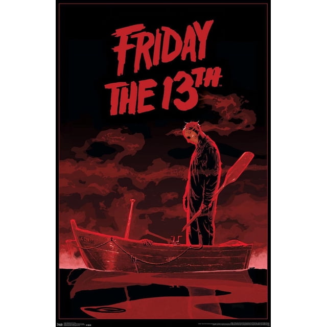 Friday The 13th - Boat Wall Poster, 22.375" x 34", depicting a red and black illustration of a masked figure standing on a wooden rowboat holding an oar with red clouds in the background, printed on glossy paper suitable for bedroom or office wall decor.