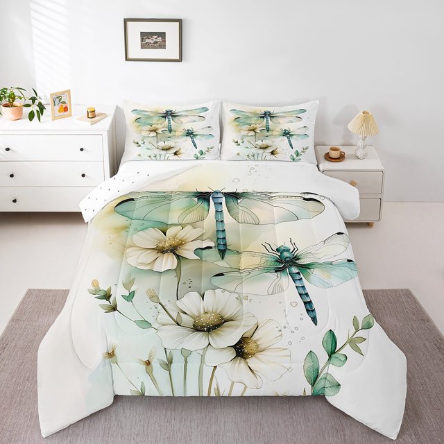 Erosebridal Cartoon Dragonfly Bedding Toddler Comforter Set, Chic White Floral Down Comforter, Spring Garden Decor, Reversible 2-Piece, Reversible