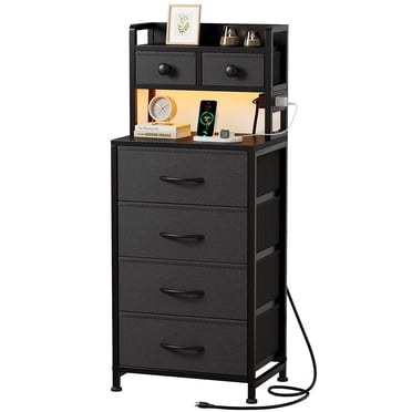 GUNAITO Nightstand with Charging Station and LED Light, Bedside Table with Fabric Drawers and High Storage Shelf for Bedroom, Living Room, Small Spaces - Gray