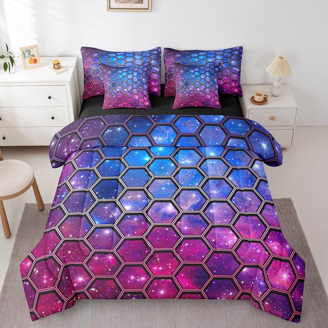 Erosebridal Ensembles de Literie Geometry Format Simple pour Ados, Ensembles de Couette Violet Bleu avec Draps, Déco Galaxie Bling, Réversible 7 Pcs