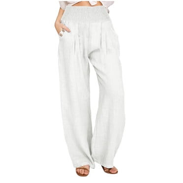 Penkiiy Women's Summer Boho Wide Leg High Waist Casual Lounge Pants with Pockets, White, Size L