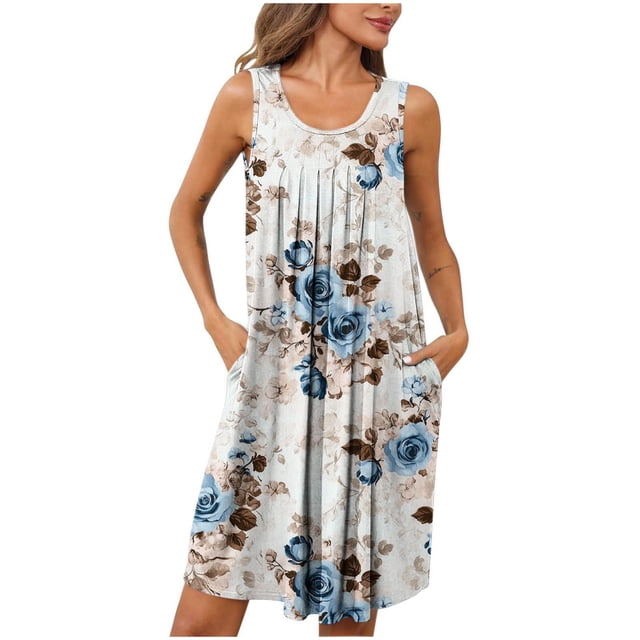 Ovzne Robes pour Femmes Robe pour Femme Imprimé avec Poches Chemises de Nuit Sans Manches Vêtements de Nuit Plissée devant Chemise de Nuit Col Rond Robe pour Femmes Imprimée Liquidation