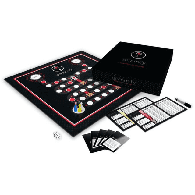 Sommify: A Blind Wine Tasting Board Game with a black game board featuring red and white accents, pawns, dice, dry-erase markers, wine keys, and cards. The box is displayed alongside the components, ideal for game nights and wine-tasting parties. A classic board game experience with interactive gameplay.