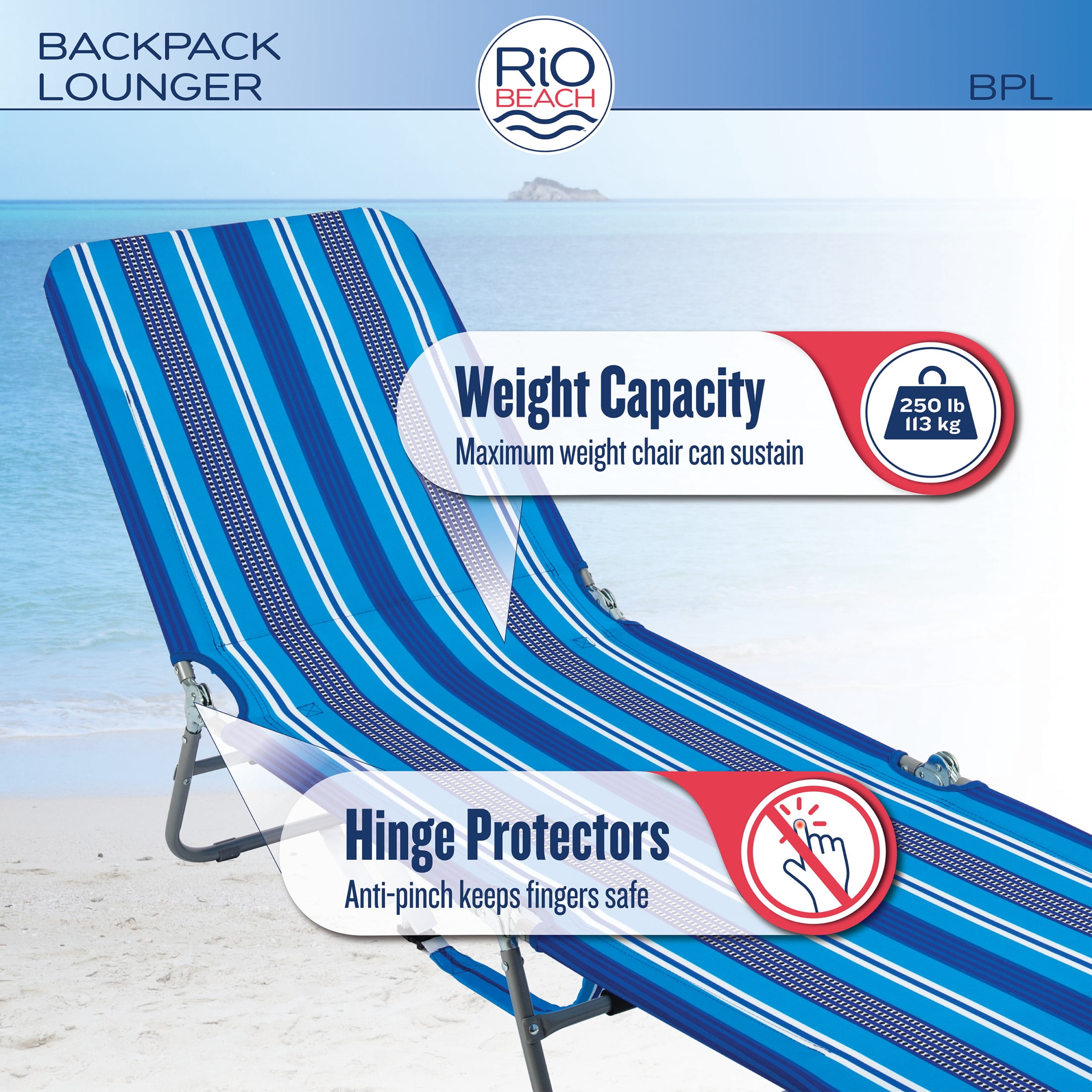 Rio Beach Portable Folding Backpack Lay Flat Beach Lounge Chair With Backpack Straps And Storage Pouch, Blue Stripe