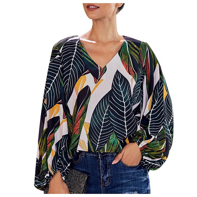 Pompotops Mode Dames Décontracté Manches Longues Blouse Col en V Imprimé T-Shirt Hauts