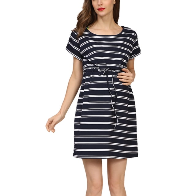 Penkiiy Robe de Maternité Décontractée pour Femme à Manches Courtes, Taille Empire, 2TG, Bleu Foncé