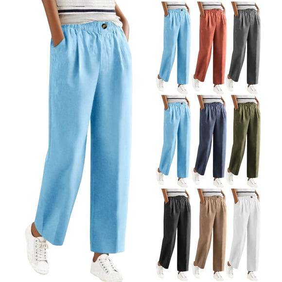 QATAINLAV Linen Pants Women Elastic High Waisted Wide Leg Beach Pants Solid Casual Pull On Lounge Trousers with Pockets, Navy, S