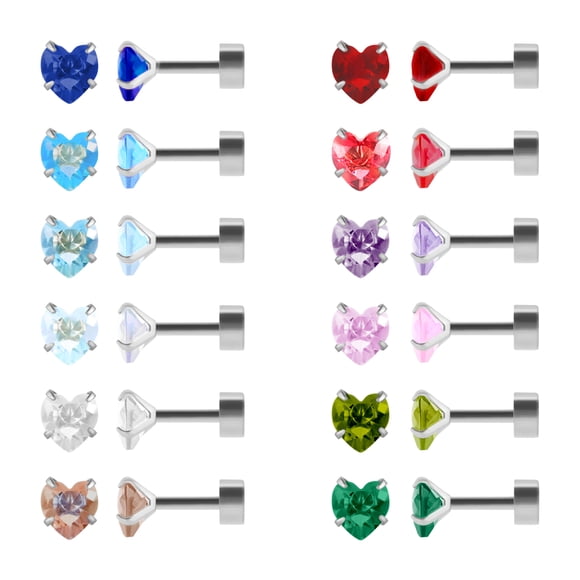 12 Pairs Cartilage Helix Surgical Stainless Steel Stud Earrings, Flat Back Screw Heart CZ Brithstone Earrings Set for Girls