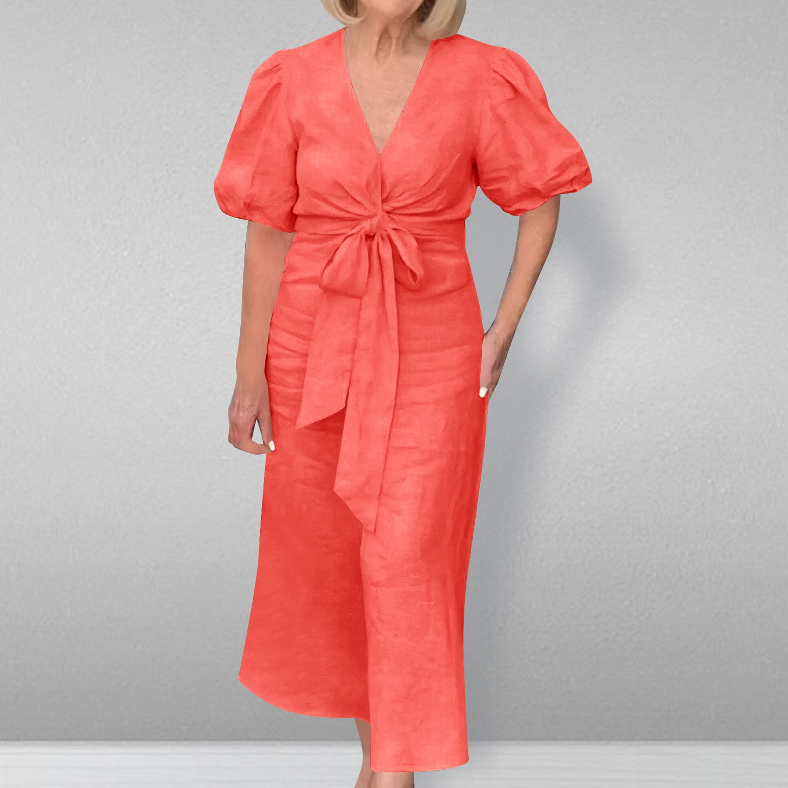 LOVZFMLL Women's Summer Solid Color Short Sleeve -Neck Dress Watermelon Red S
