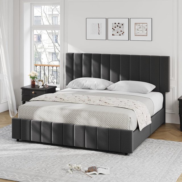 Eastvita Gray King Size Bed Frame with Upholstered Design/4 Storage Drawers/Adjustable Headboard//Wooden Slats Support - No Box Spring Required