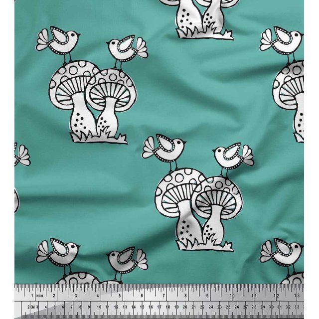 Soimoi Rayon Crepe Fabric Bird & Mushroom Block Printed Fabric 1 Yard 46 Inch Wide