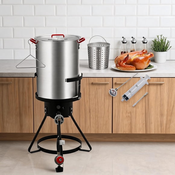 Towallmark Friteuse à Dinde au Propane, Friteuse à Dinde d'Extérieur en Acier Inoxydable de 30 Qt avec Brûleur et Chaudière à Fruits de Mer, Argent