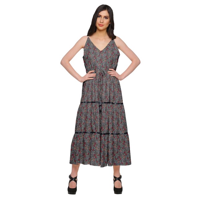 Moomaya Robe Longue Maxi pour Femmes en Coton Imprimé à Bretelles Spaghetti et Col en V