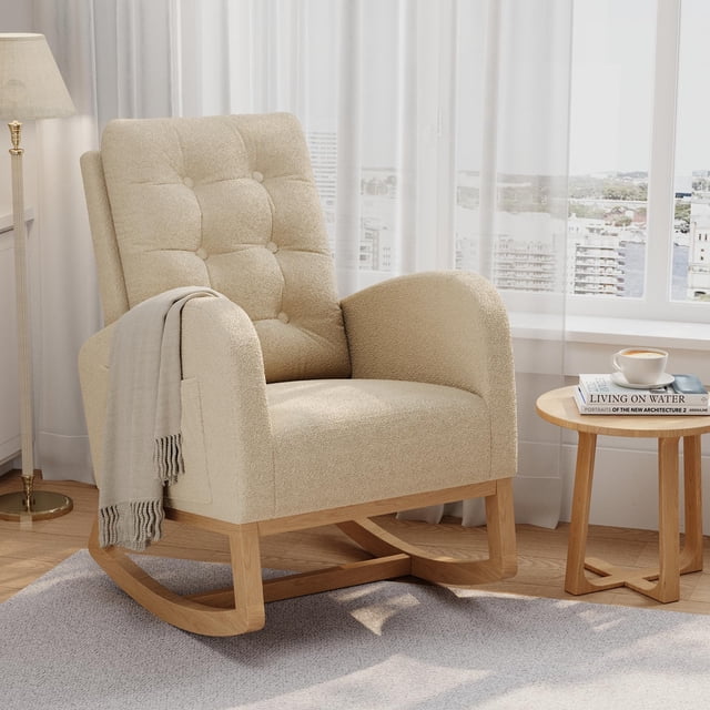 BeesClover Nursery Rocking Chair, Modern Glider with High Backrest and Sturdy Wooden Legs, Comfortable Accent Rocker for Living Room, Bedroom, Nursery Furniture, Easy Assembly
