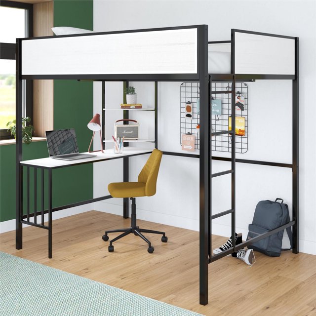 Novogratz Axel Metal Loft Bed with Desk and Shelves, Twin