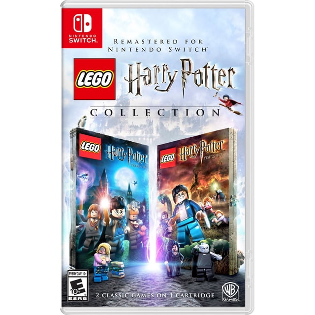 LEGO Harry Potter Collection for Nintendo Switch showing remastered covers of LEGO Harry Potter Years 1-4 and Years 5-7 with LEGO minifigures casting spells in front of Hogwarts castle, featuring two classic games on one cartridge.