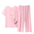 thumbnail image 1 of Weiqiqre Ensemble de Pyjama pour Femmes 2 Pcs Tenues en Lin Manches Courtes Imprimé Floral Ensembles de Détente Col Ras du Cou Complets d'Été, 1 of 3