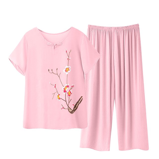 Weiqiqre Ensemble de Pyjama pour Femmes 2 Pcs Tenues en Lin Manches Courtes Imprimé Floral Ensembles de Détente Col Ras du Cou Complets d'Été