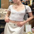 thumbnail image 2 of Women Crop Short Sleeves Tops Lace Patchwork Summer Basic T-Shirts, 2 of 8