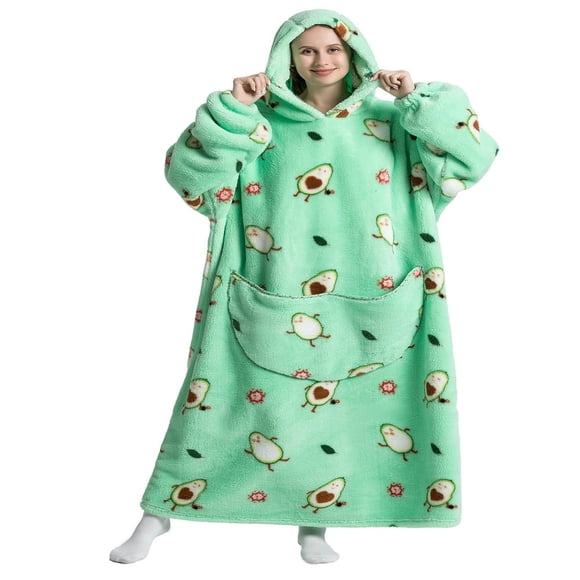 Couverture à Capuchon Surdimensionnée pour Femmes en Molleton Duveteux, Longues Robes, Couverture Imprimée de Dessins Animés avec Poche avant, Peignoirs de Pyjama d'Hiver, Vêtements de Nuit