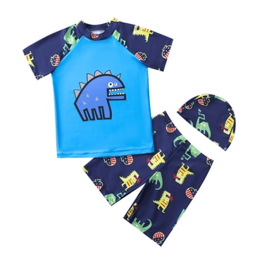 PMVFHDE Swimming Suit Kids Boys Toddler Swimsuit Boy 3 Piece Boys Swim Set Short Sleeve Boys Swim Shirt Boy Swim Trunks Rash Guard Bathing Suits Blue,4-5 Years