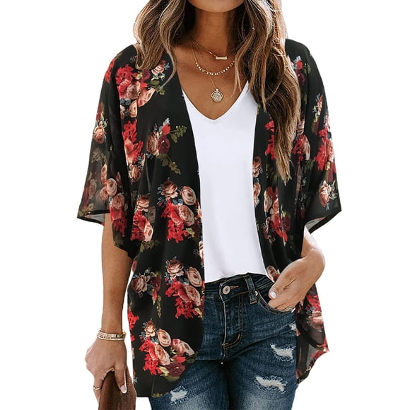Womens Cardigans Women's Floral Print Puff Sleeve Kimono Cardigan Loose Chiffon Cover Up Casual Blouse Tops on Clearance