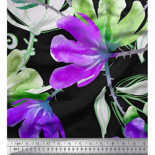 Soimoi Polyester Crepe Fabric Flower Watercolor Printed Fabric 1 Yard 52 Inch Wide