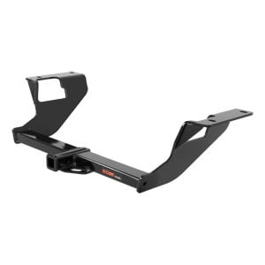 Curt Hitch 11408 Trailer Hitch Rear Class I with a square tube design and 1-1/4 inch receiver. It has a 2000-pound weight carrying capacity and 200-pound tongue weight. The hitch is made of welded American steel, features a high-gloss black powder coat finish, and is designed for compact cars, full-size cars, and smaller SUVs. It includes an open-back receiver for easy cleaning and is tested for safety in accordance with SAE J684 standards.