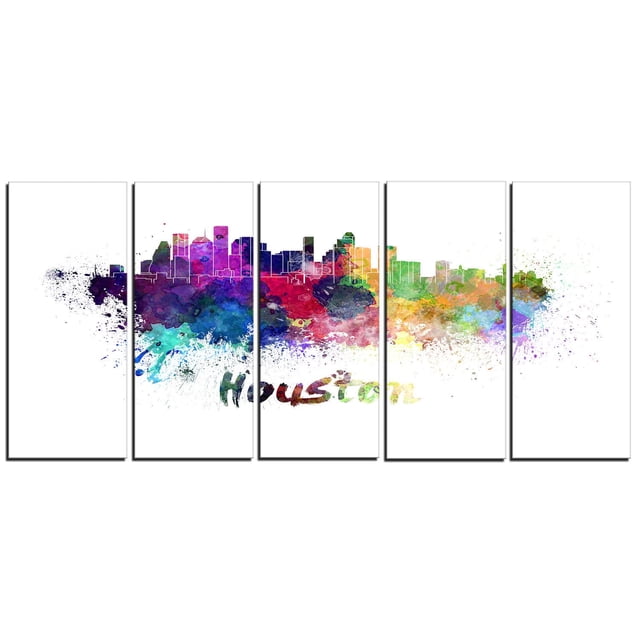 Design Art Houston Skyline Canvas Print with five gallery wrapped cotton canvas panels featuring a multicolor watercolor splash background in purple, blue, red, green, and yellow behind a white outlined Houston skyline and multicolor 'Houston' text, ready to hang with included hardware, made in Canada.