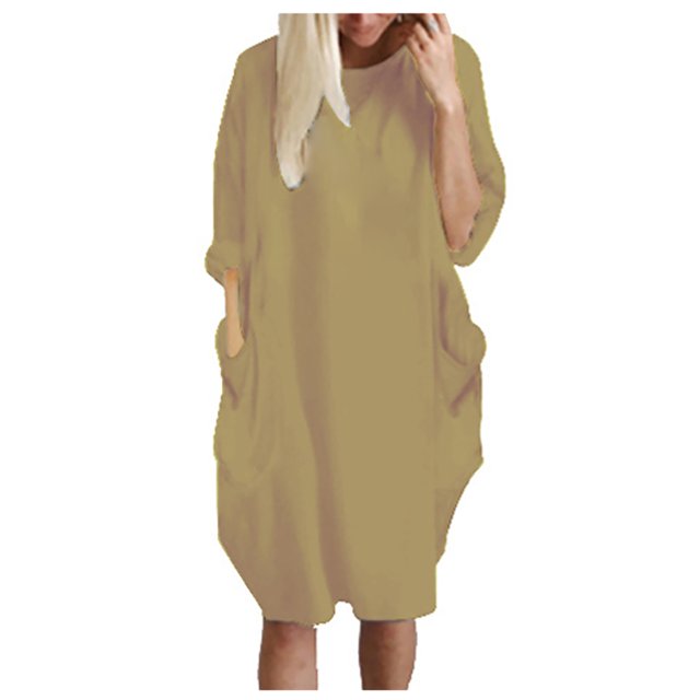 Robe Décontractée pour Femmes, Longueur Genou, Manches Longues, Ample, Tendance, Imprimée, Robe Confortable Coupe Droite, Robe T-Shirt avec Poches