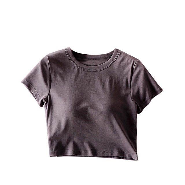fatyb Hauts Courts pour Femmes à Manches Courtes avec Soutien-Gorge Intégré Hauts de Sortie Col Ras du Cou Entraînement T-Shirts Basiques Rembourrés