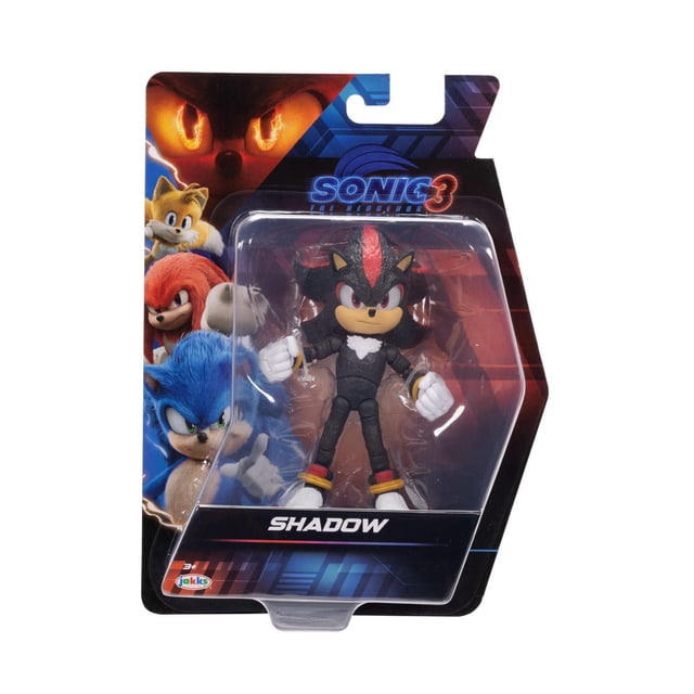 Sonic the Hedgehog Figurines 3 - 5 Pouces - Figurine d'Action Shadow en Emballage, Mettant en Vedette un Personnage Shadow Articulé de 5 Pouces avec Fourrure Noire et Rouge, Gants Blancs et Chaussures à Rayures Rouges, Exposée en Emballage blister en Plastique Transparent avec la Marque du Film Sonic 3 et l'Illustration de Personnage.